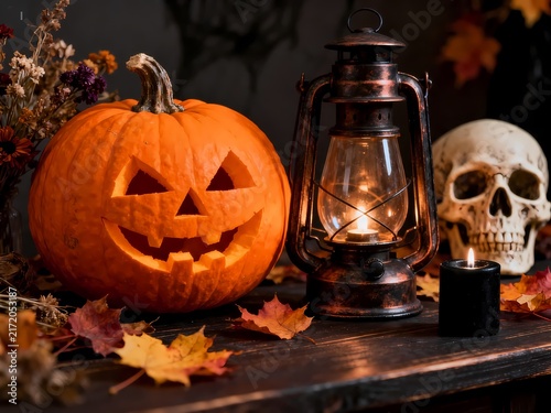 Spooky Halloween pumpkin with a carved Jack-o-lantern face, vintage lantern, and skull on a rustic wooden table