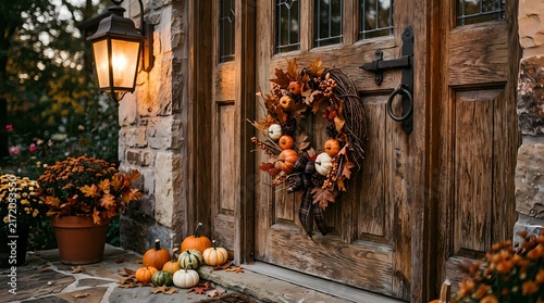 Cozy Autumn Welcome Front Door Decorated with Pumpkins, Gourds, and a Festive Wreath