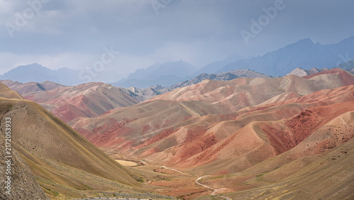 Scenic and colorful mountain landscape view of Gulcha valley on overcast summer afternoon, Osh, Kyrgyzstan