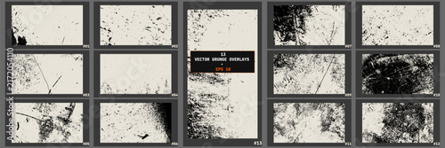 Vector grunge texture overlay set with 13 distressed noise, scratch, and grain backgrounds for vintage design