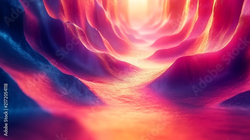 Organic tunnel structure with undulating walls in shades of purple and pink leading to a bright light