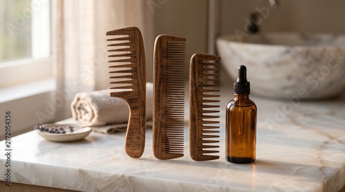 Organic hair care essentials arranged on a marble vanity with a glass dropper bottle and lavender