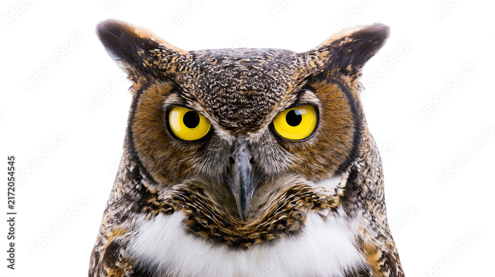 Obraz premium Great Horned Owl head with bright yellow eyes, isolated on transparent background