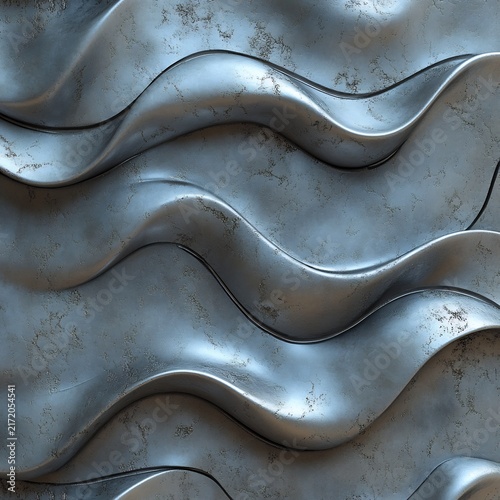 Layered metallic waves with a weathered silver finish and organic flowing ribbons of industrial material