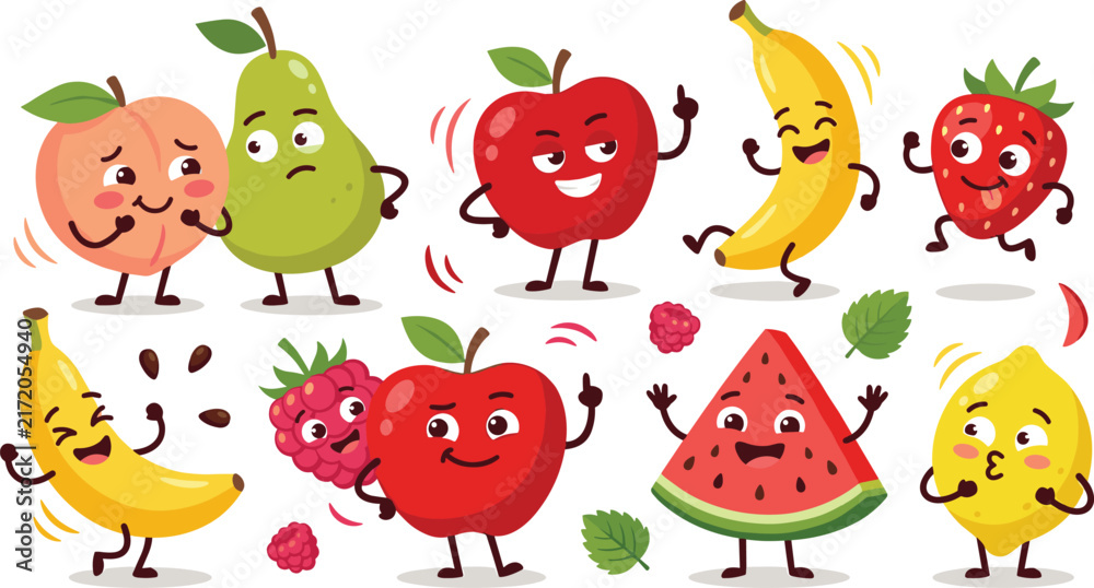 Fototapeta premium Cute Cartoon Fruit Character Collection with Funny Face Expressions and Happy Personalities Including Apple Banana Watermelon Strawberry and Lemon Vector Pack