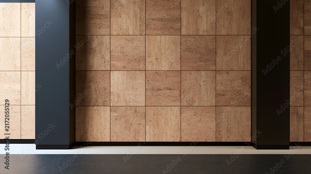 Obraz premium Modern interior wall with cork tiles arranged in a grid pattern framed by dark structural columns and a clean floor