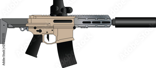 Bild auf Leinwand Detailed color vector illustration of a suppressed Honey Badger firearm featuring tan receiver, black optic, and suppressor