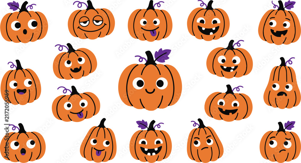 Obraz premium Assorted funny orange pumpkins with various expressions and leaf stems