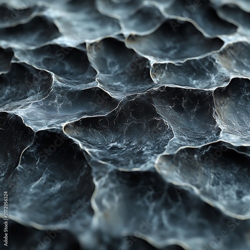 Dark grey organic cellular texture with deep crater-like indentations and a rough matte stone surface