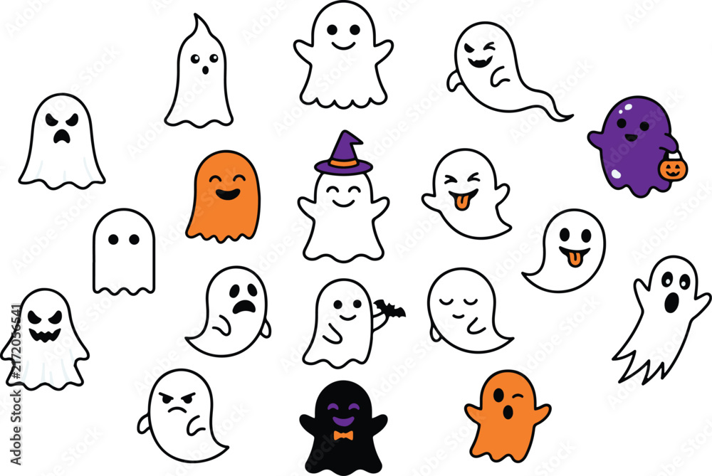 Fototapeta premium Cute Halloween Ghost Vector Set with Spooky Spirits and Kawaii Cartoon Characters