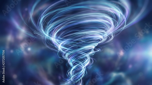 A digital art illustration of a powerful swirling blue energy vortex or ethereal tornado set against a cosmic, bokeh-filled space background with glowing light trails and abstract movement.
