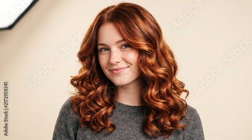 Young Woman with Vibrant Copper Red Curly Hair Smiling Against Neutral Background in Studio Setting