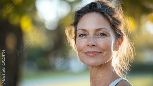 Close-up of confident middle-aged woman after morning exercise outdoors, natural skin, subtle signs of aging, healthy longevity and active lifestyle, genuine joyful expression, rea
