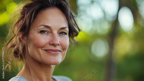 Close-up of confident middle-aged woman after morning exercise outdoors, natural skin, subtle signs of aging, healthy longevity and active lifestyle, genuine joyful expression, rea