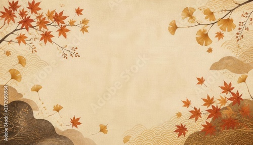 Autumn Foliage Artistry: Delicate branches adorned with vibrant red maple leaves and golden ginkgo leaves frame a serene background, evoking the tranquil beauty of fall.