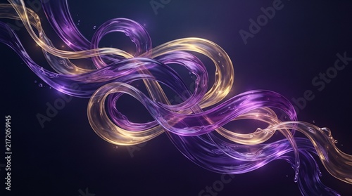 Abstract background featuring elegant flowing ribbons of purple and gold light creating a dynamic infinity loop swirl pattern with sparkling particles on a dark background
