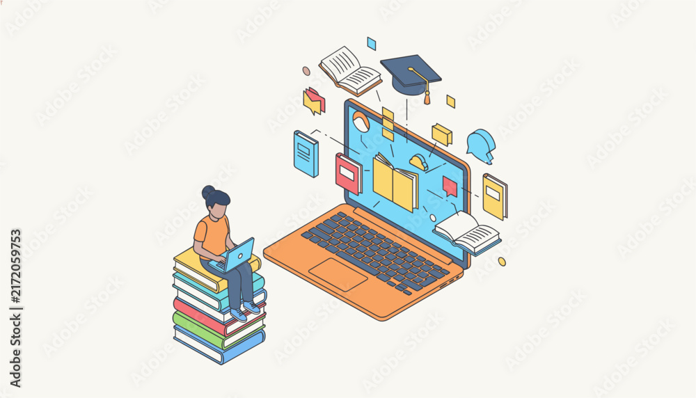 Fototapeta premium Focused student sits on a stack of books while studying with a laptop surrounded by floating educational icons in this isometric e-learning illustration.