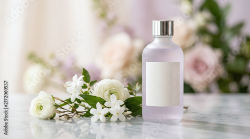 Glass bottle of floral toner with white label and fresh flowers on table