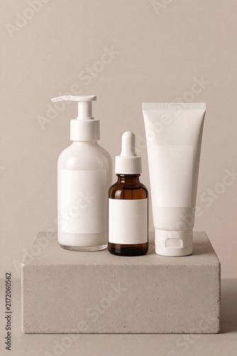 White Cosmetic Bottles Amber Glass Dropper Stone Block Studio