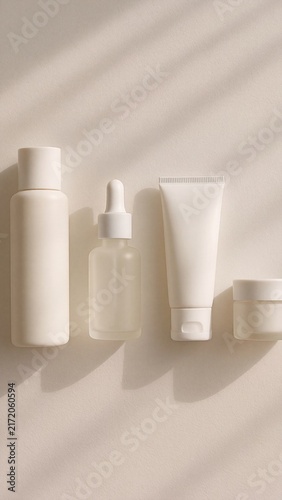 Minimalist Beige Skincare Containers Sunlight Shadows Flat Lay
