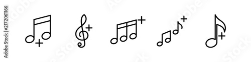 Set of minimalist music note icons with plus symbols, representing adding tracks to a playlist or library. Black outline vector illustrations of musical notation on a white background.