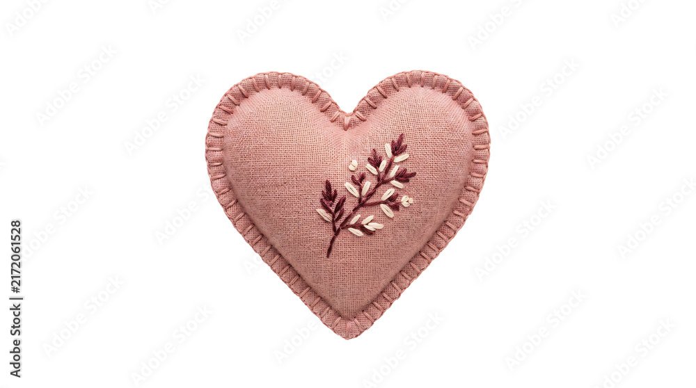 Fototapeta premium Handmade pink fabric heart cushion featuring intricate botanical embroidery stitching details designed for romantic gifts isolated on transparent background