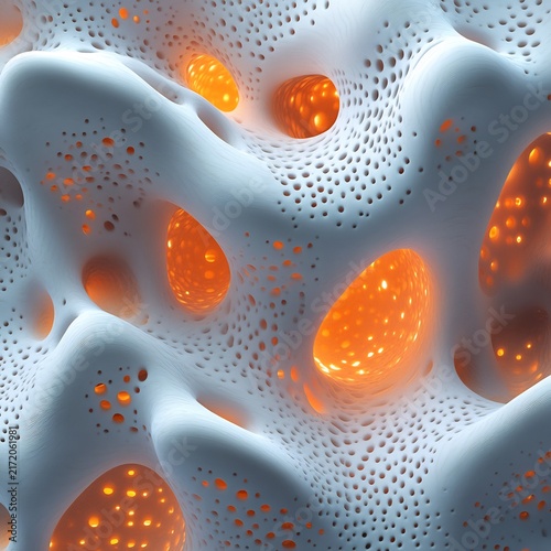 Futuristic biological structure with a white porous surface and glowing orange energy cells inside