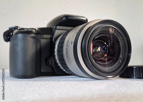 A vintage 35mm film SLR camera