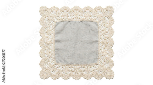 Fotografie Vintage handmade linen doily featuring intricate floral lace border details disp