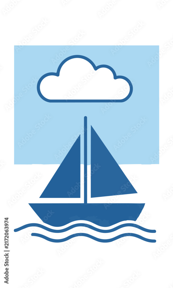 Naklejka premium Minimalist line art of a sailboat sailing on gentle waves under a single cloud, isolated on a white background. Minimalist travel concept
