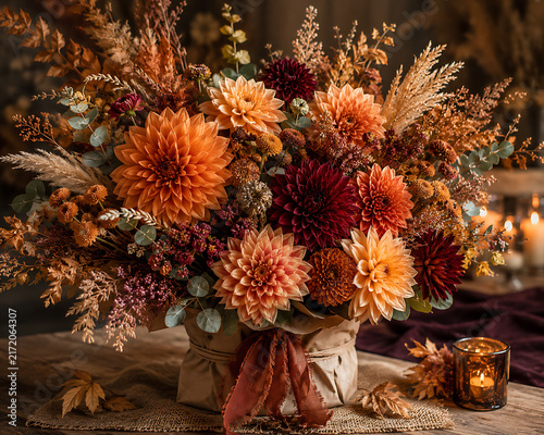 Autumn Bouquet with Dahlias, Chrysanthemums and Dried Foliage in Warm Burgundy and Amber Tones