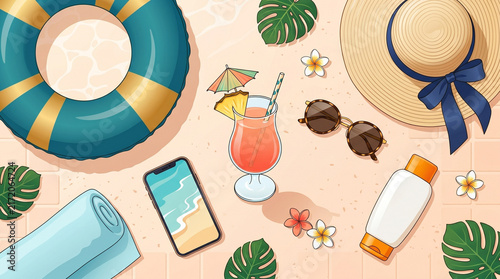 Top View Summer Beach Elements Vector Illustration with Lifebuoy Straw Hat Cocktail Sunglasses and Smartphone