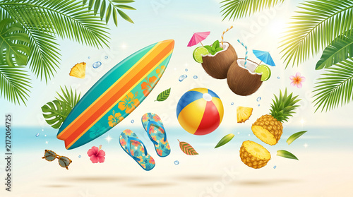 Tropical Summer Vacation Background Vector Illustration with Surfboard Coconut Drink Pineapple Beach Ball and Palm Leaves