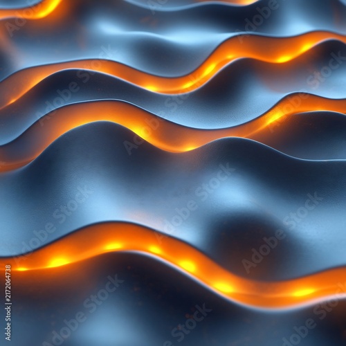 Rhythmic Blue Undulating Layers with Radiant Orange Glowing Edges Representing Harmony and Balance