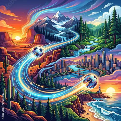 Dynamic Soccer Ball Traveling Through Vibrant Landscapes Vector Illustration from Canyon Mountains to City and Ocean Coast
