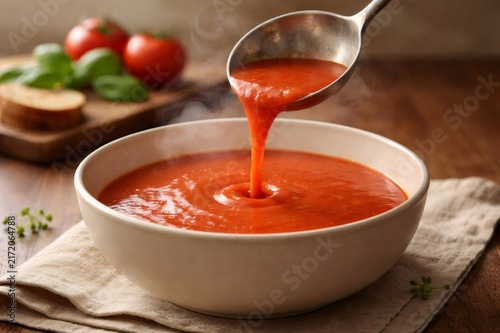 Spoon pouring rich red steaming tomato soup into a white bowl on a rustic wooden table with fresh basil leaves, ripe tomatoes, and toasted bread in the background, creating a cozy and healthy meal