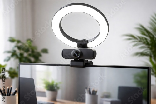 Webcam with an attached ring light on a computer monitor, providing essential tools for online communication, video calls, live streaming and content creation in a modern home office setup