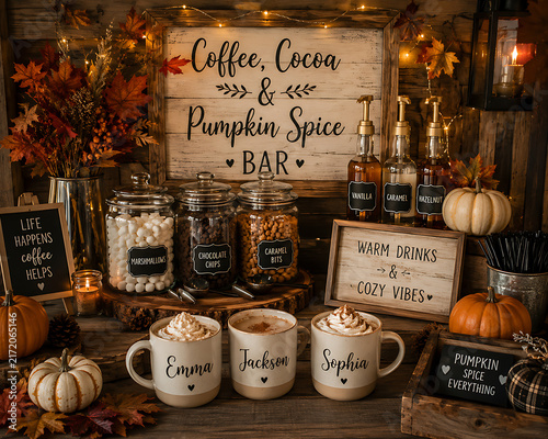 Cozy Autumn Coffee Bar with Pumpkin Spice, Cocoa, Personalized Mugs and Rustic Decor