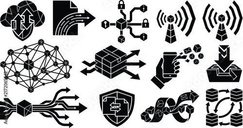 Cloud Computing and Data Network Security Silhouette Collection with Storage Transfer Blockchain and Wireless Technology Icons