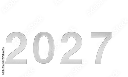 Silver 2027 year digits isolated on white background. Metallic metallic texture typography element for Happy New Year card, Christmas banner, and calendar design