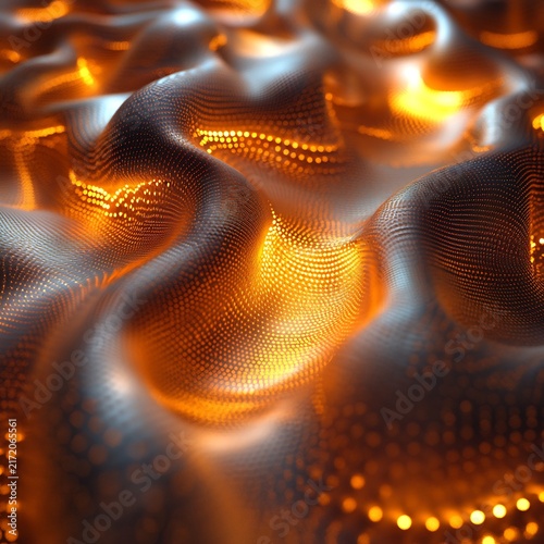 Golden Metallic Surface with Dense Perforated Mesh Texture and Dynamic Flowing Organic Waveforms