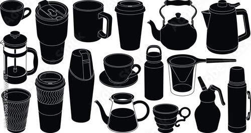 Coffee and Tea Drinkware Silhouette Collection with Cups Mugs Kettles Tumblers French Presses and Brewers