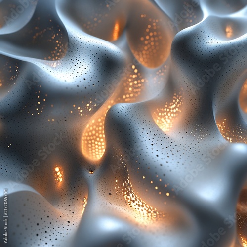 White Organic Perforated Structures with Internal Golden Glow and Smooth Curving Architectural Forms