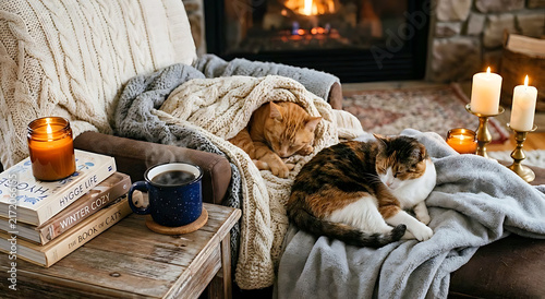 Cozy Hygge Cats by Steaming Coffee, Books, Blankets and Glowing Candles picture generate