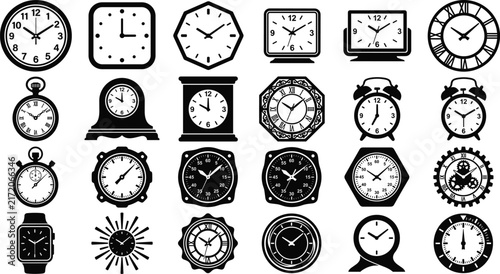 Collection of Clock and Watch Silhouette Icons in Various Vintage and Modern Designs