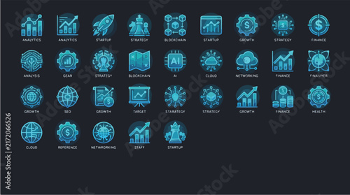 Set of Neon Blue Glowing Business and Technology Icons for Financial Analytics, AI, Startup and Blockchain Digital Interface