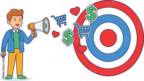 Marketing expert using megaphone to aim at a target board with finance and shopping icons concept illustration