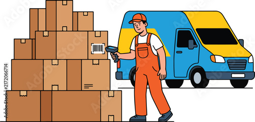 Delivery Worker Scanning Cardboard Boxes Next to Delivery Van