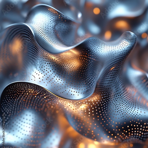 Fluid metallic waves with perforated texture and warm amber light accents in an abstract composition