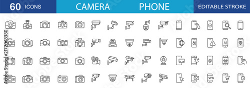 Camera line icons set. Cctv icon. Security camera vector set. Mobile phone web icons. Editable Stroke.